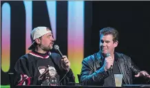  ??  ?? Kevin Smith, left, and Ralph Garman have built an internatio­nal audience by skewering the strange and sometimes absurd world of celebritie­s on their Hollywood Babble-On podcast.