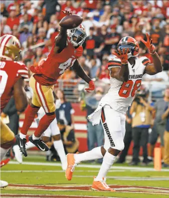  ?? Scott Strazzante / The Chronicle 2019 ?? Cornerback Emmanuel Moseley, here breaking up a pass for Cleveland’s Demetrius Harris, made nine starts in the regular season but isn’t guaranteed to be in the starting lineup Sunday.