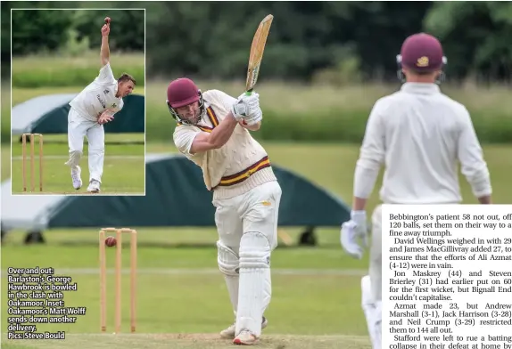  ??  ?? Over and out: Barlaston’s George Hawbrook is bowled in the clash with Oakamoor. Inset: Oakamoor’s Matt Wolff sends down another delivery.
Pics: Steve Bould
