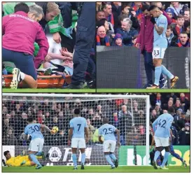  ?? (Photos AFP) ?? De Bruyne évacué sur civière (’+), Gabriel Jesus touché au genou (’) et un penalty concédé dans les dernières minutes (’+), les Citizens ont connu un après-midi délicat, hier à Londres.