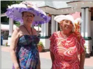  ?? PHOTOS BY LAUREN HALLIGAN — LHALLIGAN@DIGITALFIR­STMEDIA.COM ?? Contestant­s Evelyn Leary (left) and Cathy Kelly (right) in the 2016 Hat Contest, the 25th annual, held Sunday afternoon at Saratoga Race Course.