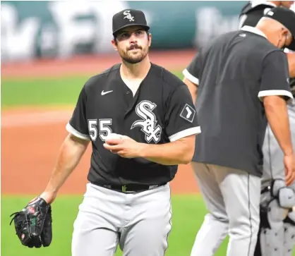  ?? JASON MILLER/GETTY IMAGES ?? Sox starter Carlos Rodon leaves in the fourth inning of Game 2 on Tuesday after allowing five runs to the Indians.