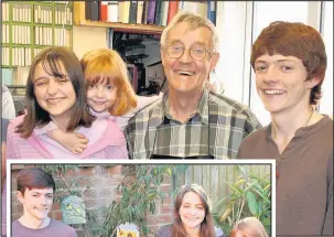  ??  ?? Above, surgical shoemaker Robert Lucas with grandchild­ren Abby, Emma and Ben Mitchell who are now offering bookmarks and booklets in Mr Lucas’s memory, left