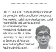  ??  ?? PHILIP ELLA JUICO’s areas of interest include the protection and promotion of democracy, free markets, sustainabl­e developmen­t, social responsibi­lity and sports as a tool for social developmen­t.
He obtained his doctorate in business at De La Salle University. Dr. Juico served as Secretary of Agrarian
Reform during the Corazon C.
Aquino administra­tion.