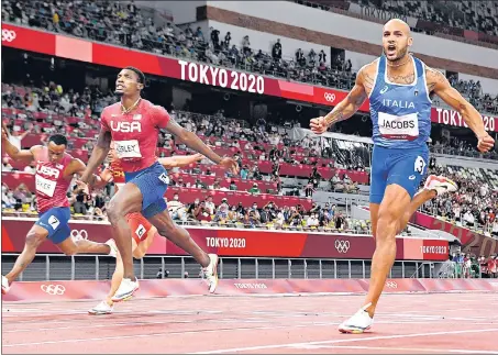  ?? GETTY IMAGES ?? Italy’s Lamont Marcell Jacobs (right) surged ahead of American Fred Kerley (second from right) and Canada’s Andre De Grasse to win the 100m gold in Tokyo.