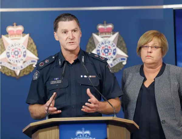 ?? Picture: AAP ?? FOCUSED ON CRIME: Victorian acting Chief Commission­er of Police Shane Patton and Police Minister Lisa Neville hold a press conference regarding African youth crime earlier this week.