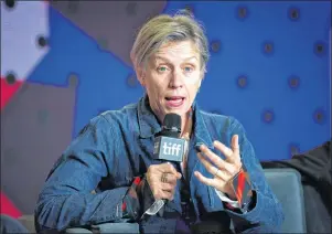  ?? THE CANADIAN PRESS ?? Actor Frances McDormand speaks during a press conference at the Toronto Internatio­nal Film Festival for the movie “Three Billboards Outside of Ebbing, Missouri” on Monday.