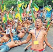  ?? PTI ?? Indigenous People Front of Tripura and other tribal wings demand a separate state — Tipraland — in Agartala on Monday.