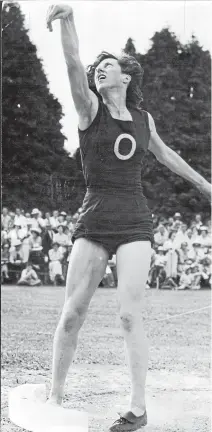  ??  ?? Yvette Corlett (then Williams) in the long jump in Auckland in 1953 and, above, in the shot put in March 1952. She won Olympic gold in the long jump later that year.