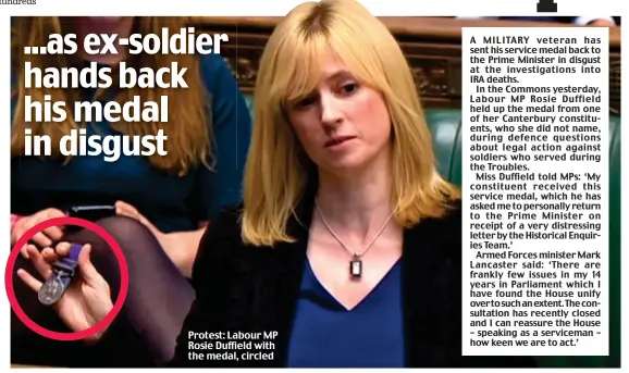  ??  ?? Protest: Labour MP Rosie Duffield with the medal, circled