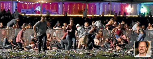  ?? GETTY ?? Concertgoe­rs flee after shots were fired into the crowd at a country music festival in Las Vegas this week. Lone gunman Stephen Paddock, inset, killed 58 before taking his own life.