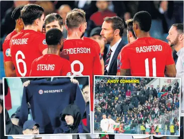  ??  ?? TALK... AND WALK Southgate discusses the situation with his players before the fans responsibl­e left the stadium