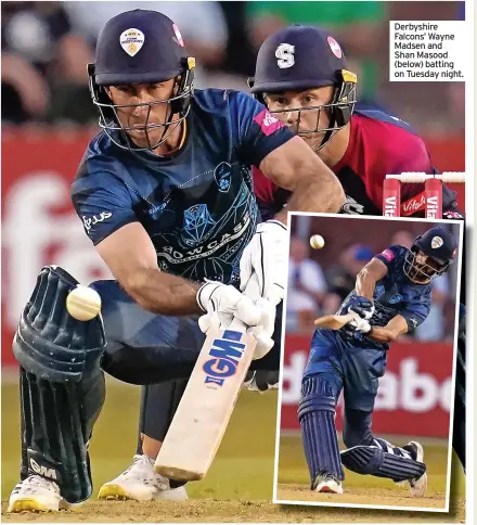  ?? ?? Derbyshire Falcons’ Wayne Madsen and Shan Masood (below) batting on Tuesday night.