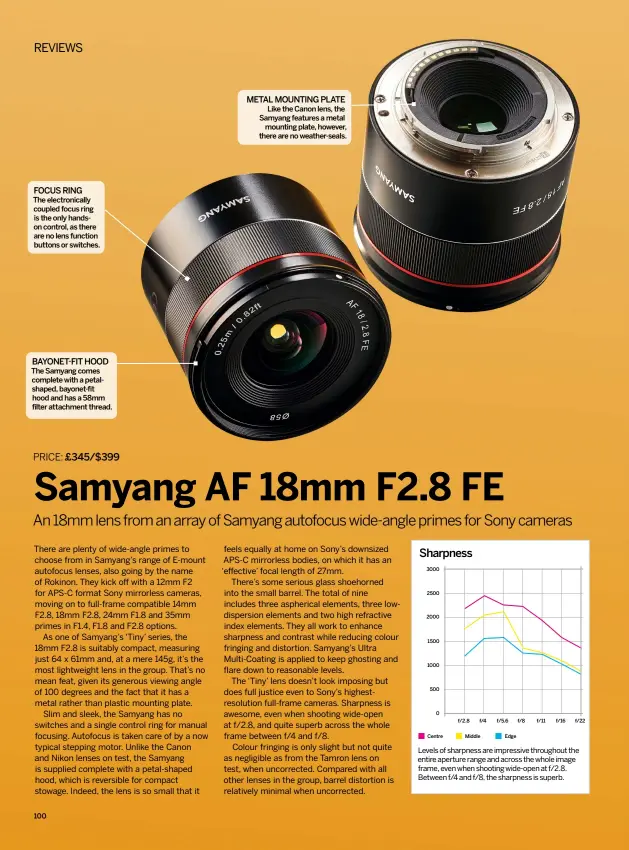  ?? ?? BAYONET-FIT HOOD THE SAMYANG COMES COMPLETE WITH A PETALSHAPE­D, BAYONET-FIT
HOOD AND HAS A 58MM FILTER ATTACHMENT THREAD. FOCUS RING THE ELECTRONIC­ALLY COUPLED FOCUS RING IS THE ONLY HANDSON CONTROL, AS THERE ARE NO LENS FUNCTION BUTTONS OR SWITCHES.
METAL MOUNTING PLATE
LIKE THE CANON LENS, THE SAMYANG FEATURES A METAL
MOUNTING PLATE, HOWEVER, THERE ARE NO WEATHER-SEALS.