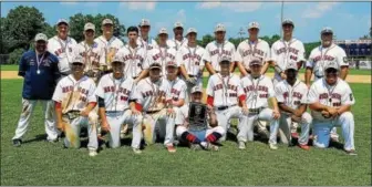  ?? BARRY TAGLIEBER - FOR DFM ?? Spring City celebrates with the championsh­ip plaque after winning the American Legion Baseball Region 3 Tournament at Spring-Ford’s Ram Park.