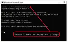  ??  ?? You can launch the ‘compact’ command with a Command Prompt to shrink files, saving perhaps a gigabyte