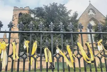  ??  ?? A photo shared by Rev Chris Howson of the display of ribbons attached to the railings around Sunderland Minster.