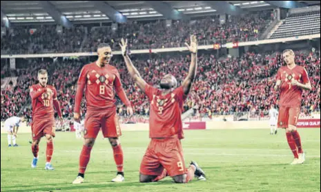  ?? AFP ?? Belgium's Romelu Lukaku celebrates after scoring a goal during the Euro 2020 qualifier Group I game against San Marino on Thursday in Brussels. Lukaku took his record Belgium internatio­nal tally past 50 goals.