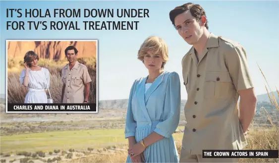  ??  ?? Emma Corrin as Princess Diana and Josh O’Connor as Prince Charles re-create the trip to Australia made by the real royals in 1983, inset. CHARLES AND DIANA IN AUSTRALIA THE CROWN ACTORS IN SPAIN