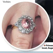  ??  ?? &gt; Princess Eugenie and Jack Brooksbank at Buckingham Palace after their engagement. Inset, Eugenie’s ring with a padparadsc­ha sapphire surrounded by diamonds