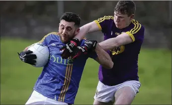  ??  ?? Wicklow’s Darren Hayden is challenged byWexford’s Michael Furlong during the NFL in Pearse’s Park, Arklow last weekend. Hayden is the new GDA of south Wicklow. Picture: Garry O’Neill