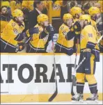  ?? The Associated Press ?? Nashville Predators centre Colton Sissons (10) celebrates with teammates after scoring against the Anaheim Ducks during the third period of Game 6 of the Western Conference final on Monday in Nashville, Tenn.