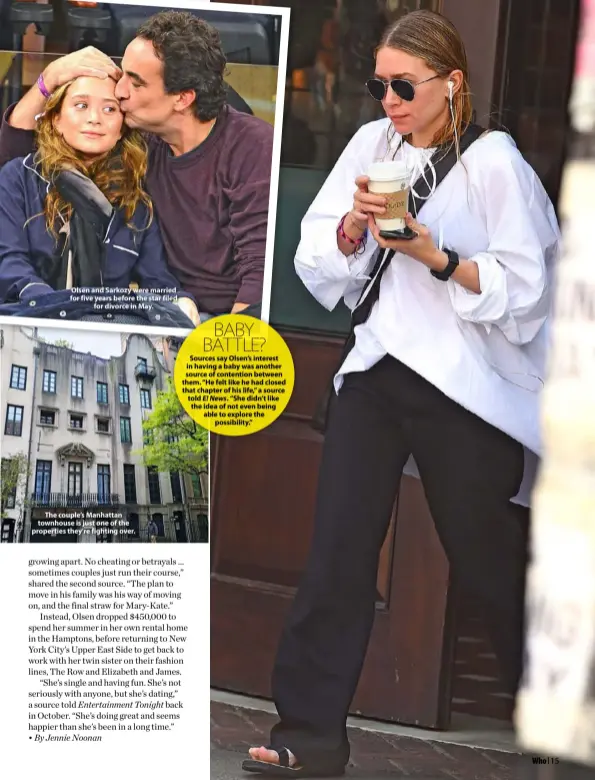  ??  ?? Olsen and Sarkozy were married for five years before the star filed for divorce in May.
The couple’s Manhattan townhouse is just one of the properties they're fighting over.