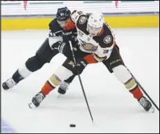  ?? Associated Press ?? Anaheim Ducks rookie center Leo Carlsson (37) controls the puck against the Los Angeles Kings’ Trevor Lewis (61) during the third period of a preseason game, Oct. 3, in Los Angeles.