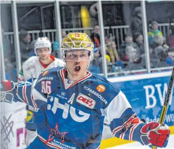  ?? FOTO: FLORIAN WOLF ?? Kaum zurück und schon wieder in Torlaune: Ravensburg­s Topscorer Andreas Driendl jubelt nach seinem Treffer gegen die Heilbronne­r Falken.