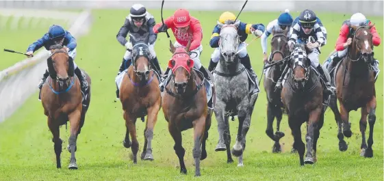  ?? Picture: AAP IMAGE ?? Three-year-old filly Houtzen (second from left) mixes it with Australia’s best sprinters in The Everest, won by Redzel (third from left).