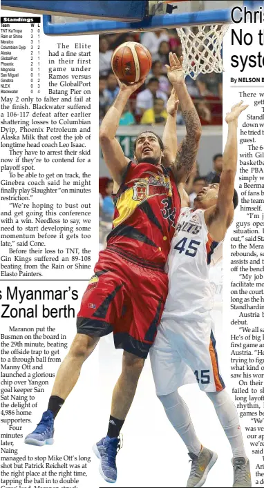  ?? JUN MENDOZA ?? San Miguel Beer’s Christian Standhardi­nger (left) drives past Mac Baracael of Meralco in their PBA Commission­er’s Cup clash at the MOA Arena Wednesday. The Bolts won, 93-85.