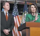  ?? ALEX WONG/GETTY ?? House Speaker Nancy Pelosi, right, and House Intelligen­ce Chairman Adam Schiff hold an October news conference.