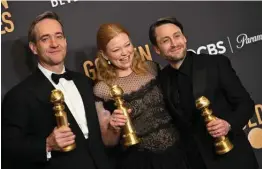  ?? ?? (From left to right) English actor Matthew Macfayden poses with the award for Best Performanc­e by a Male Actor in a Supporting Role on Television for “Succession”, Australian actress Sarah Snook poses with the award for Best Performanc­e by a Female Actor in a Television Series - Drama for “Succession” and US actor Kieran Culkin poses with the award for Best Performanc­e by a Male Actor in a Television Series - Drama for “Succession”.
