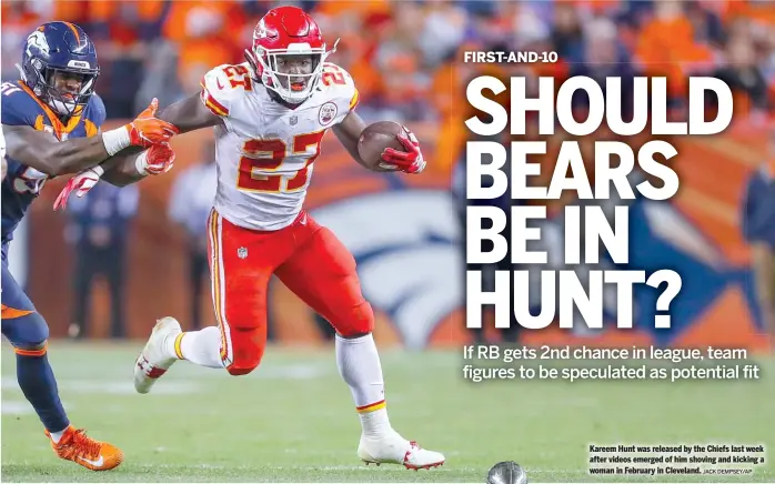  ?? JACK DEMPSEY/AP ?? Kareem Hunt was released by the Chiefs last week after videos emerged of him shoving and kicking a woman in February in Cleveland.