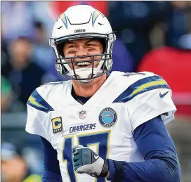  ?? ROB CARR / GETTY IMAGES ?? In the Chargers’ favor this weekend, QB Philip Rivers (17) is healthy and playing his best football. He is four-deep in quality receivers and has a top-level running back in Melvin Gordon. Still, the Patriots have the edge in Sunday’s matchup.