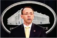  ?? AP PHOTO BY JACQUELYN MARTIN ?? Deputy Attorney General Rod Rosenstein, speaks to the media with an announceme­nt that the office of special counsel Robert Mueller says a grand jury has charged 13 Russian nationals and several Russian entities, Friday in Washington. The defendants are...