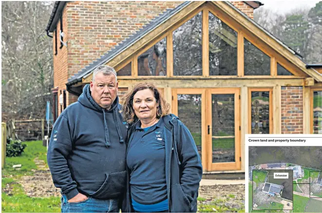 ?? ?? Wayne and Natalie Noke have halted work on the extension after learning their home is ‘partly on Crown land’, below