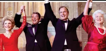  ??  ?? SMILES: George and Barbara celebrate his White House bid with Ronald and Nancy Reagan in 1988