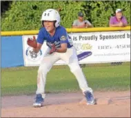  ?? STAN HUDY - SHUDY@DIGITALFIR­STMEDIA.COM ?? Saratoga Wilton Youth Baseball base runner Brady Mills celebrates and cheers on his dugout after his RBI double in the top of the sixth inning during Tuesday’s Eastern NY state championsh­ip game.