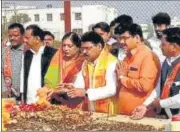  ?? HT ?? BJP candidate offering tributes at memorial of Mulayam Singh Yadav in Saifai on Wednesday