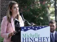  ?? MID-HUDSON NEWS NETWORK ?? Democrat Michelle Hinchey speaks at her campaign kickoff event for the 46th state Senate District on Sept. 23 in Kingston, N.Y. At right is Ulster County Executive Pat Ryan.