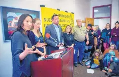  ?? EDDIE MOORE/JOURNAL ?? The day before his successor was elected earlier this month, then-mayor Javier Gonzales stood with, from left, Somos Un Pueblo Unido’s executive director, Marcela Diaz, Tess Wilkes with the Santa Fe Dreamers Project, SFPS Superinten­dent Veronica...