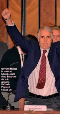  ??  ?? Giovanni Malagò (a sinistra), 53 anni, esulta dopo il risultato del voto. A destra Raffaello Pagnozzi, 64 anni GMT