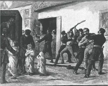  ?? NEW YORK PUBLIC LIBRARY ?? This sketch of the Montreal smallpox epidemic of 1885 depicting the removal by force
of smallpox victims to hospital appeared in Harper’s Weekly.