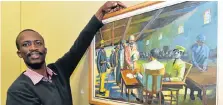  ?? Picture: EUGENE COETZEE ?? CITY HERITAGE: Nelson Mandela Metropolit­an Art Museum staff member Sithethi Nosilela puts up a 1993 artwork by George Pemba, depicting pensioners on pay day in New Brighton