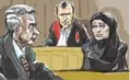  ??  ?? Court artist’s sketch shows Peer Khairi, left, and his daughter Giti with Justice Robert Clarke last Friday.