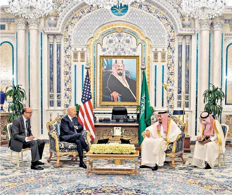  ?? ?? Joe Biden meeting Saudi Arabia’s King Salman bin Abdulaziz at al-Salman Palace in the Red Sea coastal city of Jeddah on Friday