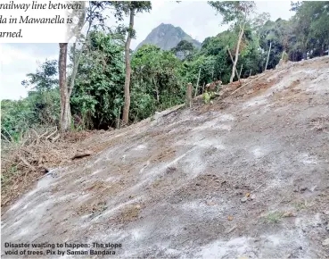  ??  ?? Disaster waiting to happen: The slope void of trees. Pix by Saman Bandara