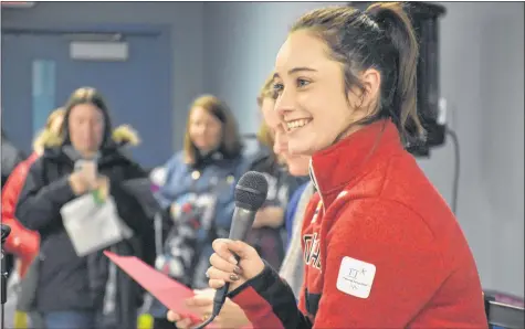  ?? TINA COMEAU ?? Olympics and World figure skating champion Kaetlyn Osmond is all smiles as she answers questions from young figure skaters at the Mariners Centre in Yarmouth.
