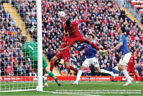  ?? Peter Byrne ?? > Divock Origi scores Liverpool’s second goal against Everton in the Merseyside derby at Anfield yesterday. Liverpool’s 2-0 win leaves Everton languishin­g in the Premier League relegation places